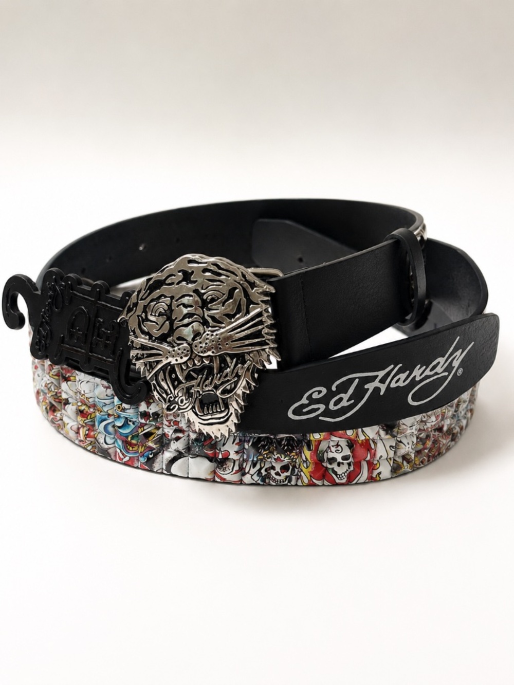NWT Ed Hardy Tiger Buckle Skull Tattoo Studded Belt Black Multicolor PU